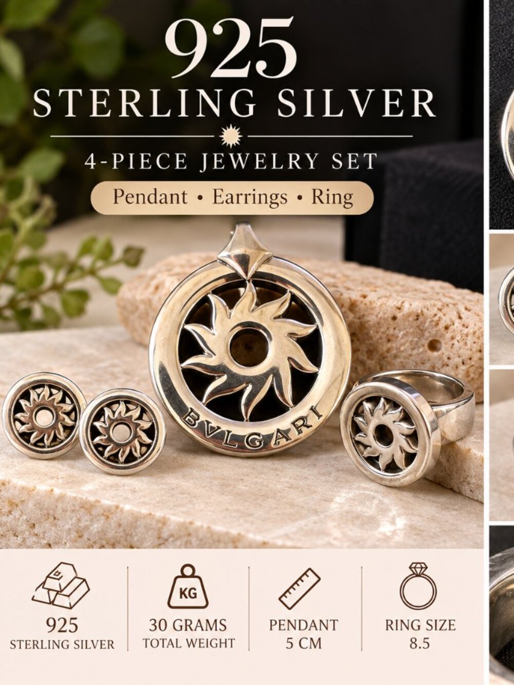 925 Sterling Silver Sun Motif 4-Piece Jewelry Set | Ring, Pendant & Earrings